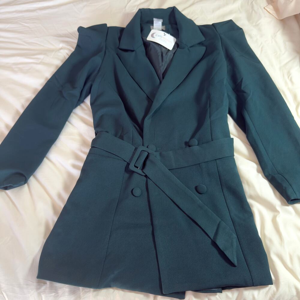 NWT Sans Souci Emerald Green Belted Trench Coat Size M Double Breasted